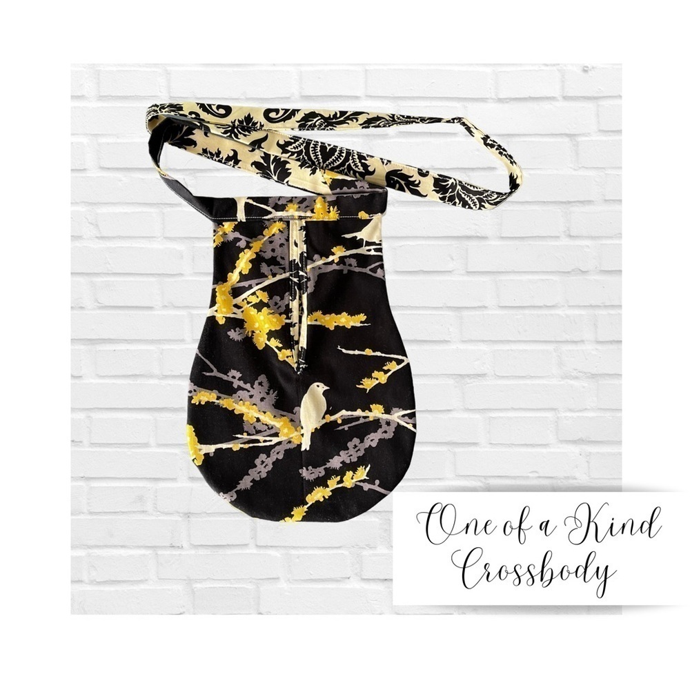 Handmade OOAK Crossbody Bag Purse Birds Unique Art to Wear Yellow Black Quirky